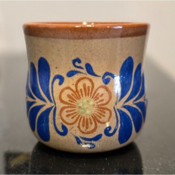 VTG El Palomar Mexico stoneware Mexican Pottery mug Blue orange Mexican floral - Picture 1 of 9